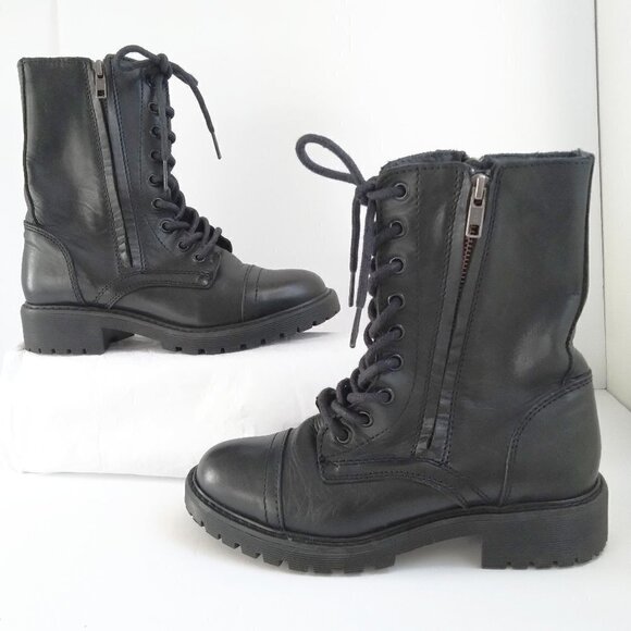 Black Leather Double Sided Zips/ Lace Up Combat Boots with Lugged Soles Sz 6.5 - Picture 8 of 11